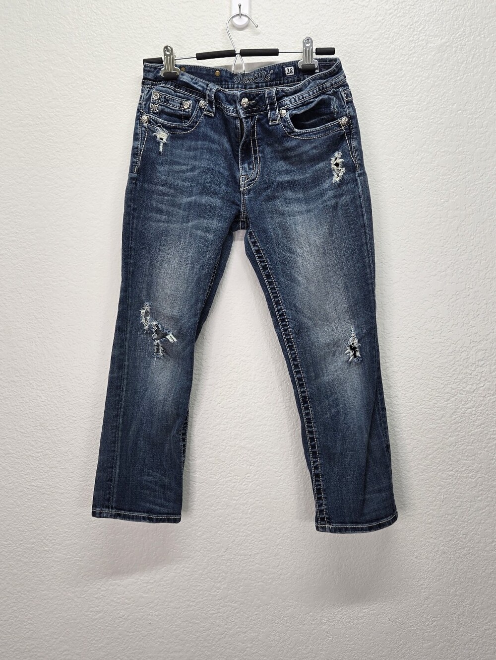 Miss Me Jeans Womens 28 Blue Boyfriend CropEmbroidered Studded Bling VTG Y2K